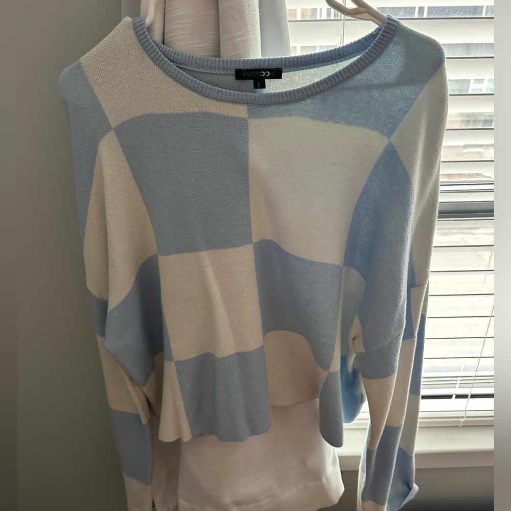 Papermoon Blue and Cream Checkered Sweater